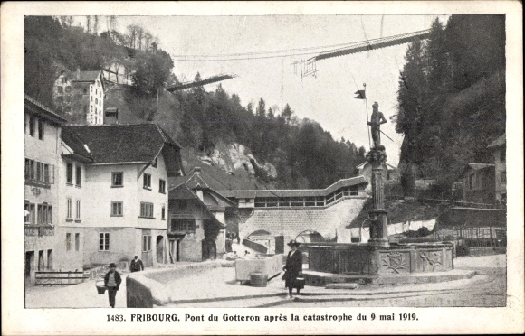 Postcard Friborg Freiburg City Switzerland, Pont du Gotteron apres la catastrophe 1919, collapsed bridge