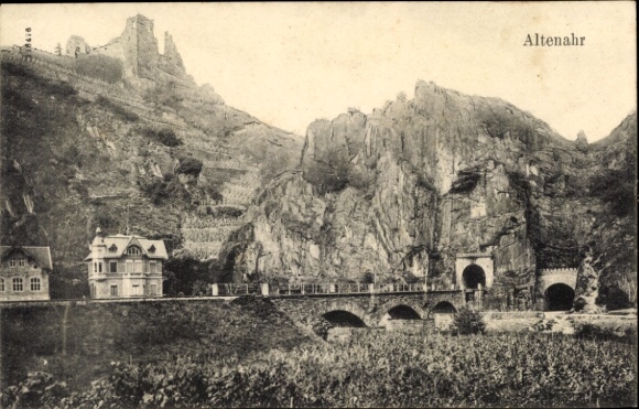 Postcard Altenahr in the Ahr Valley, mountain landscape, rocks, buildings, bridge