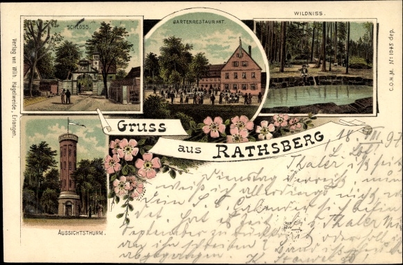 Litho Rathsberg Marloffstein in Midden-Franken, kasteel, tuinrestaurant, wildernis, uitkijktoren