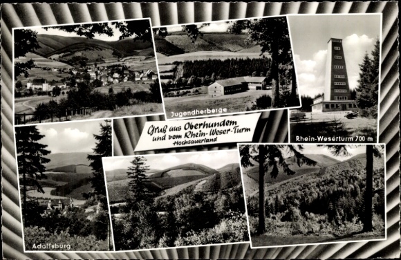 Postcard Oberhundem Kirchhundem Sauerland, total, youth hostel, Rhine Weser tower, Adolfsburg
