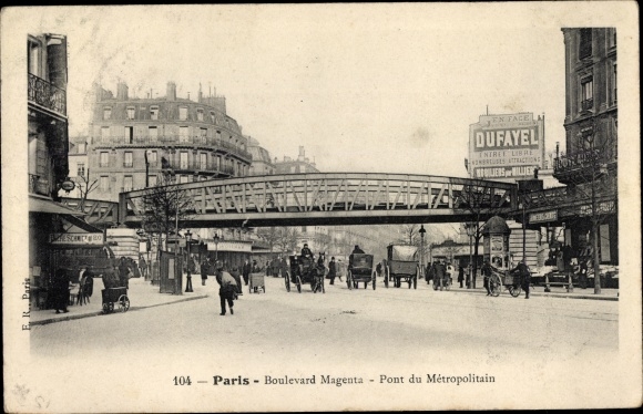 Postcard Paris X, Boulevard Magenta, Pont du Metropolitain