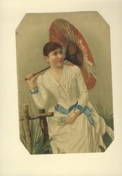 Oblate / Lacquer picture Young girl in white dress with umbrella, approx. 23.5 x 16 cm