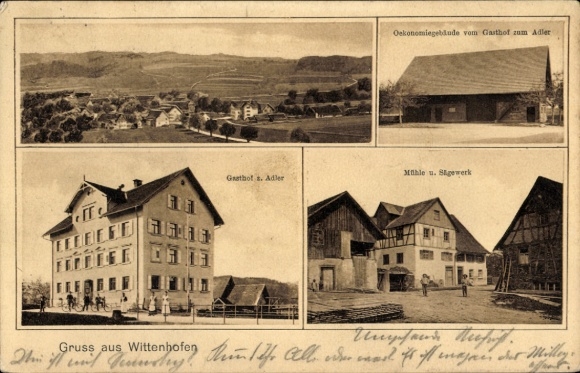 Postcard Wittenhofen Deggenhausertal Bodenseekreis, Gasthof zum Adler, farm buildings, mill