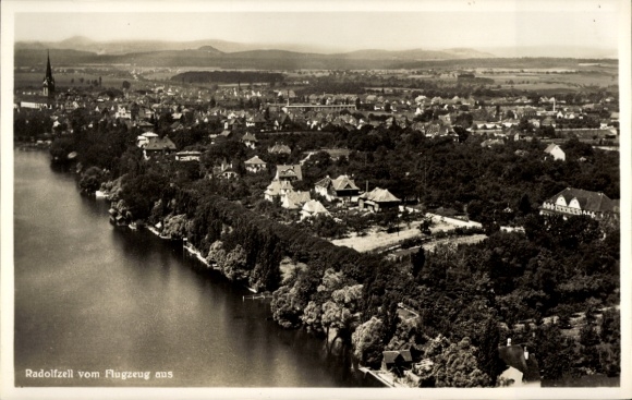 Postcard Radolfzell am Bodensee, aerial view of Lake Constance, green, trees, houses, church