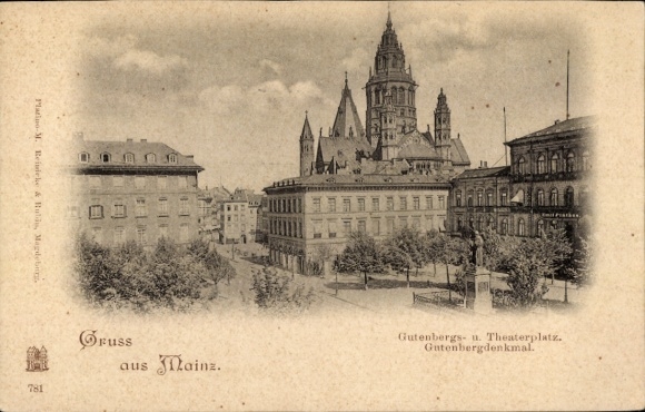 Postcard Mainz am Rhein, Gutenbergs- and Theaterplatz, Gutenberg Monument, Building