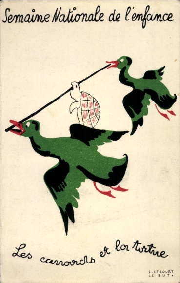 Postcard Semaine Nationale de l'enfance, Les canards et la tortue, Fabel