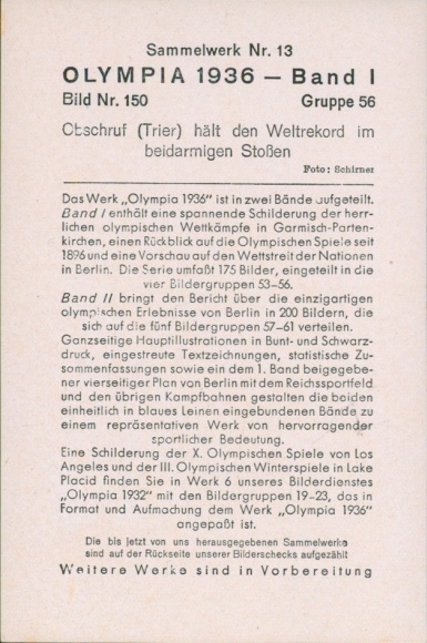 Collector's card Olympia 1936, German weightlifter Obschruf