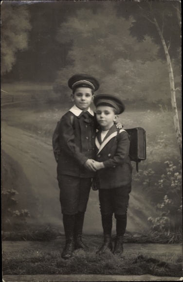 Photo Postcard Two boys in school uniforms, school bag