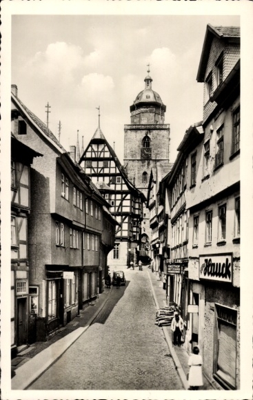Ak Alsfeld in Hessen, Obere Fuldergasse, vakwerkhuis, toren, winkels