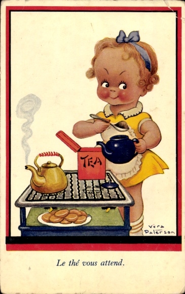 Artist Postcard Paterson, V., Girl preparing tea, kettle, cookies