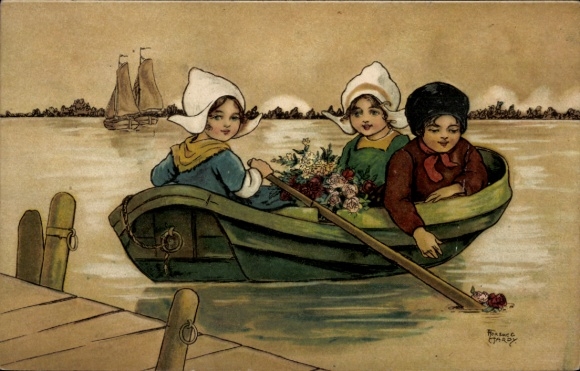 Kunstenaarskaart Hardy, Florence, meisje en jongen in Nederlandse klederdracht, roeiboot