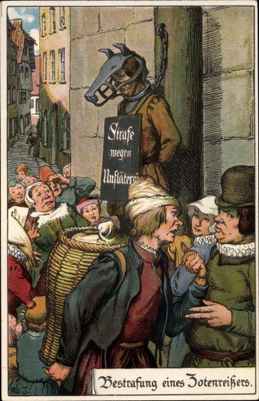 Künstler Litho Jodolfi, Bestrafung eines Zotenreißers, Hundemaske, Strafe wegen Unfläterei
