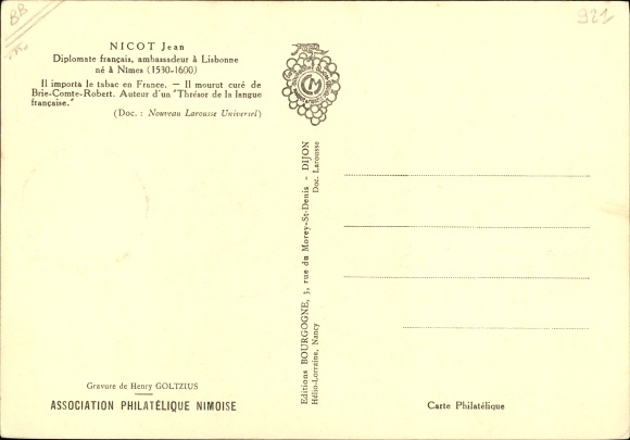 Maximum Postcard Jean Nicot, 1530-1600, he imports tobacco in France