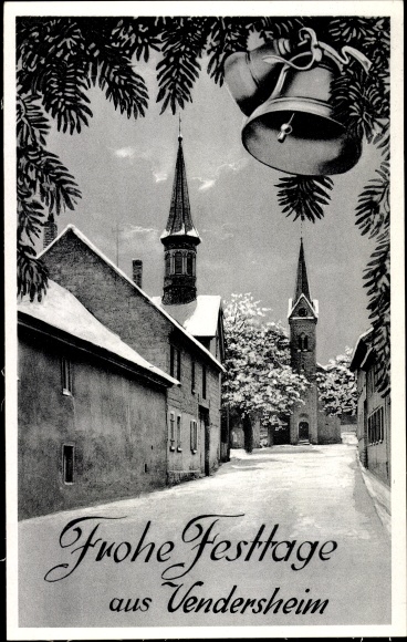 Ansichtkaart Vendersheim Rheinhessen, fijne feestdagen, klokken, kerk, winter