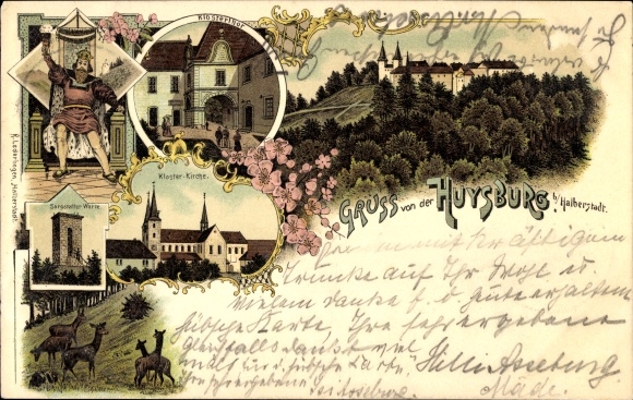 Litho Huy am Harz, Huysburg, Klosterhof, Klosterkirche, Rehe, Sargstedter Warte