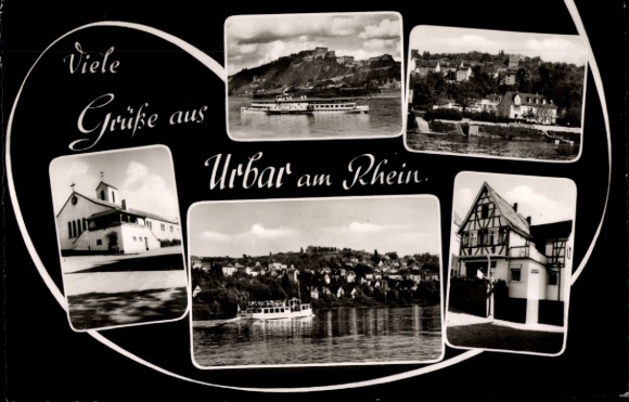 Postcard Urbar on the Rhine near Koblenz, partial views, church, ship