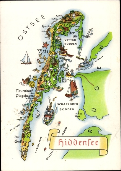 Landkarten Ak Insel Hiddensee Ostsee, Vitte, Neuendorf, Plogshagen, Neuendorf, Bodden, Kloster