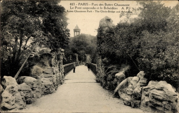 CPA Parijs 19e, Parc des Buttes-Chaumont, Hangbrug, Belvedere