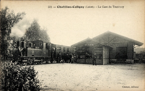 Ak Châtillon Coligny Loiret, Straßenbahn-Bahnhof, Dampflokomotive