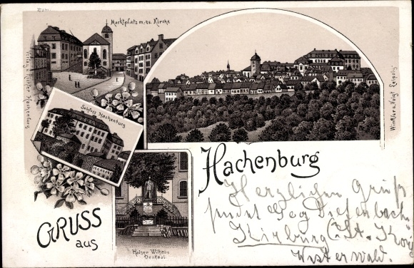 Chromo-Litho Hachenburg in the Westerwald district of Rhineland-Palatinate, Hachenburg Castle, church