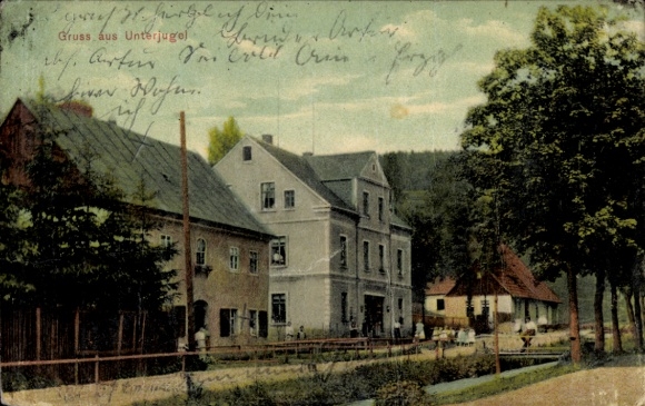 Postcard Unterjugel Jugel Johanngeorgenstadt in the Ore Mountains, building, street view, trees, greetings from...