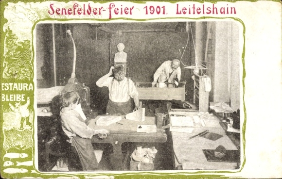 Passepartout Postcard Leitelshain Crimmitschau in Saxony, Senefelder celebration 1901, craftsman