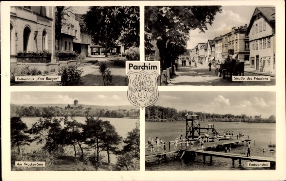 Coat of arms Postcard Parchim in Mecklenburg, Kulturhaus Kurt Bürger, Wacker See, Straße des Friedens