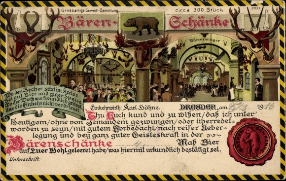 Chromo-Litho Dresden, antler collection of the Bärenschänke, landlord Karl Höhne, seal