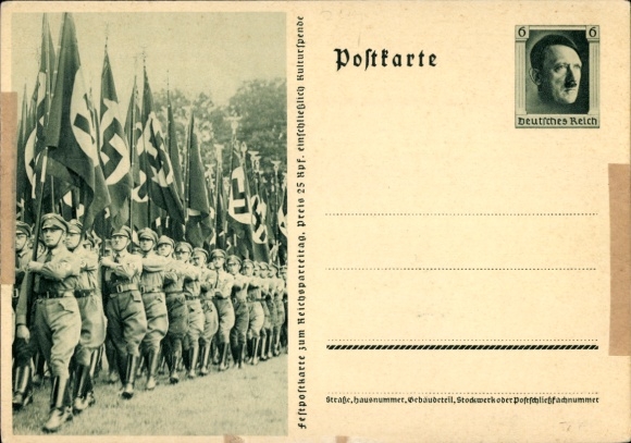Postal stationery Postcard Nuremberg, Reich Party Rally of the NSDAP 1937, SA men with flags