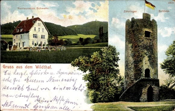 Postcard Gundelfingen im Breisgau, Wildthal, Zähringen Castle Ruins, Schwehr Inn