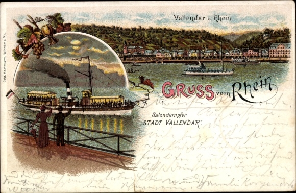Litho Vallendar am Rhein, Gesamtansicht, Dampfer