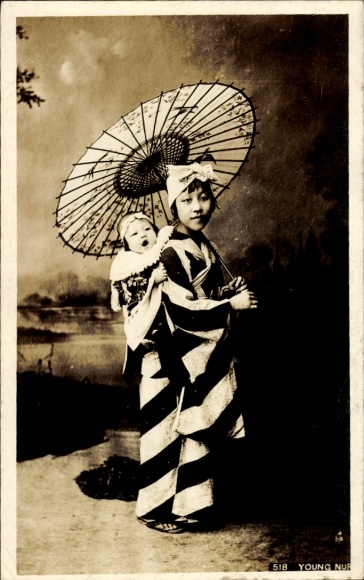 Photo Postcard Japanese wet nurse with parasol, carrying toddler on her back