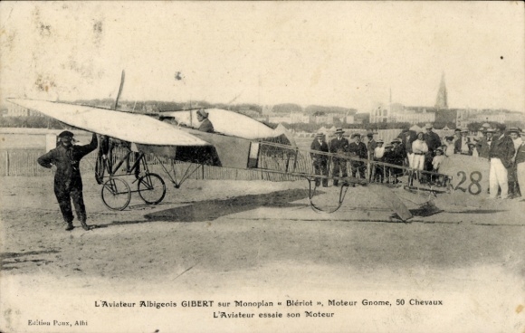 Postcard aircraft by Aviateur Albigenis Gibert, Blériot, Gnome engine, 50 hp