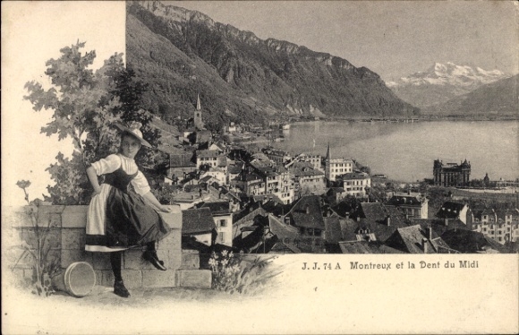 Ak Montreux Kanton Waadt Schweiz, Frau in traditioneller Tracht, Blick auf  Dent du Midi im Hinte