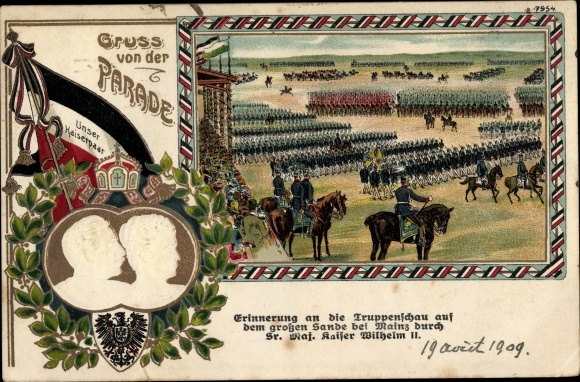 Embossed Chromo-Litho Salute from the parade, Kaiser Wilhelm II of Prussia, Empress Auguste Viktoria
