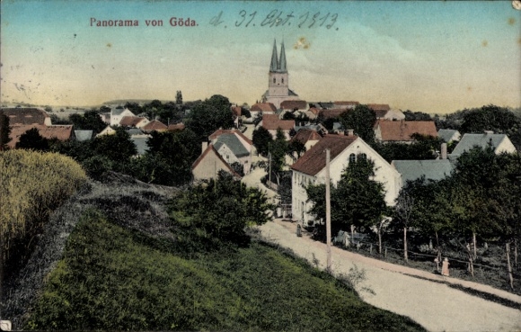 Ak Göda in Oberlausitz, panorama van kerk, huizen, landschap