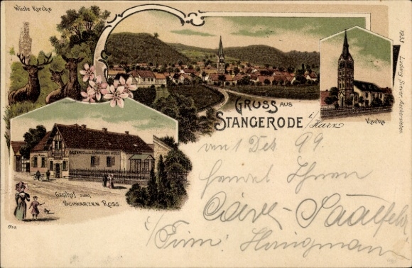 litho Stangerode Arnstein in de Harz, woestijnkerk, panorama, Gasthof zum Schwarzen Ross, kerk