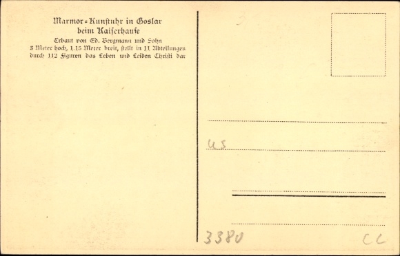 Postcard marble art clock, exhibited in the Kaiserhaus Goslar, builder Ed. Miner