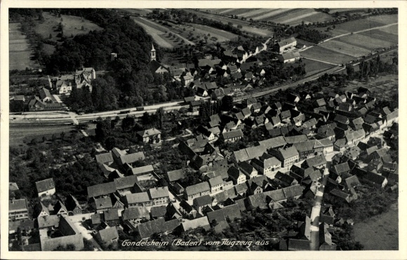 Postcard Gondelsheim in Baden, aerial view of Gondelsheim, houses, fields, church