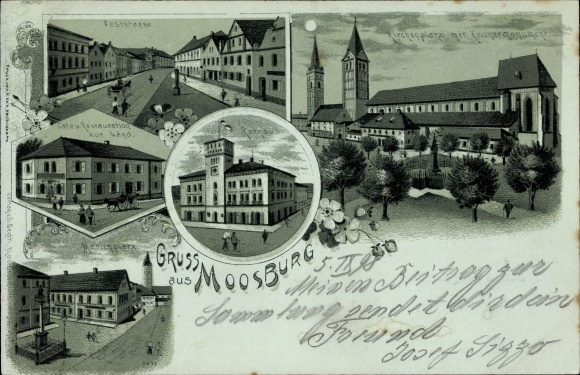 Moonlight Chromo-Litho Moosburg on the Isar in the district of Freising, church square, restoration for the country