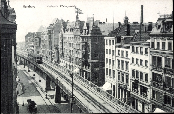 Ak Hamburg Mitte Altstadt, Hochbahn Rödingsmarkt, historische Gebäude, Straßenansicht