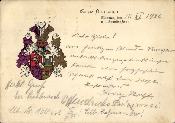 Studentika Postcard Munich, Corps Brunsviga, coat of arms, vd Tann-Straße 14