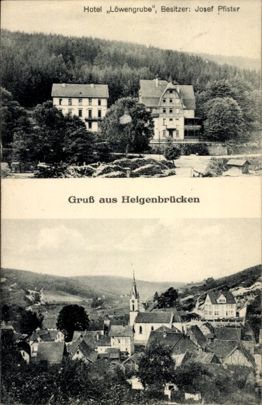Postcard Heigenbrücken in Spessart Lower Franconia, general view, Hotel Löwengrube