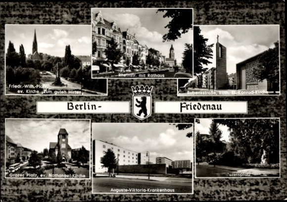 Ak Berlin Schöneberg Friedenau, Friedrich Wilhelm Platz, Rheinstraße, Rathaus, Rubensstraße, Wappen