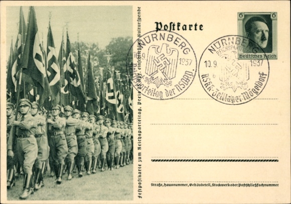 Postal stationery Postcard Nuremberg, Reich Party Rally of the NSDAP 1937, SA