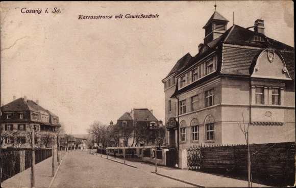 Postcard Coswig in Saxony, Karrasstraße with trade school