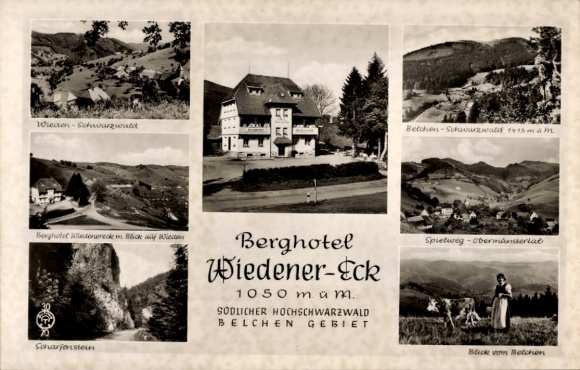 Ak Wieden Schwarzwald, Berghotel Wiedener Eck, Spielweg, Bäuerin mit Kuh, Scharfenstein