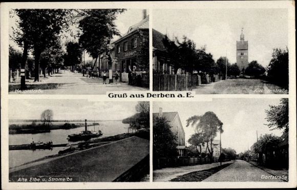 Postcard Derben an der Elbe, Kirchenstrasse, Stromelbe, Hauptstrasse, Dorfstrasse