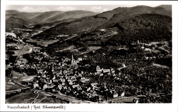 Postcard Kappelrodeck in the Black Forest, panoramic view of the Black Forest, village view, black and white