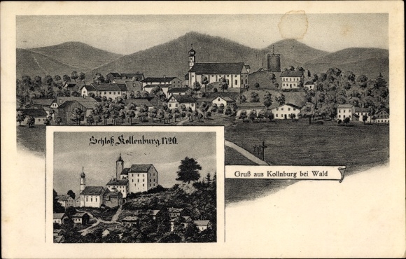 Kunstenaar ansichtkaart Kollnburg Niederbayern, totaaloverzicht van de plaats, kasteel rond 1720